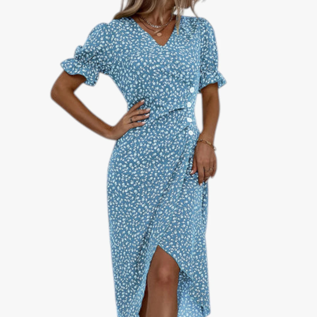 Dame Blomstret Midi Sommerkjole med Knapper og Pufærmer