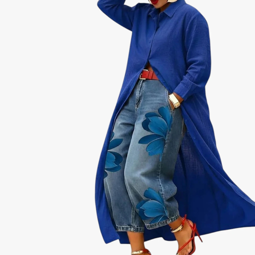 Dame Boho Maxi Skjortekjole med Blomstret Jeans