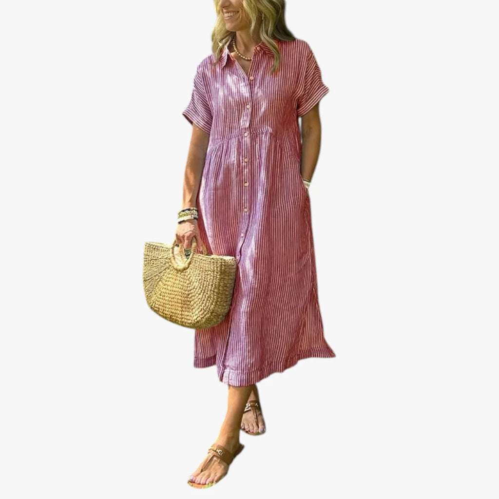 Dame Stribet Midi Sommerkjole med Knapper