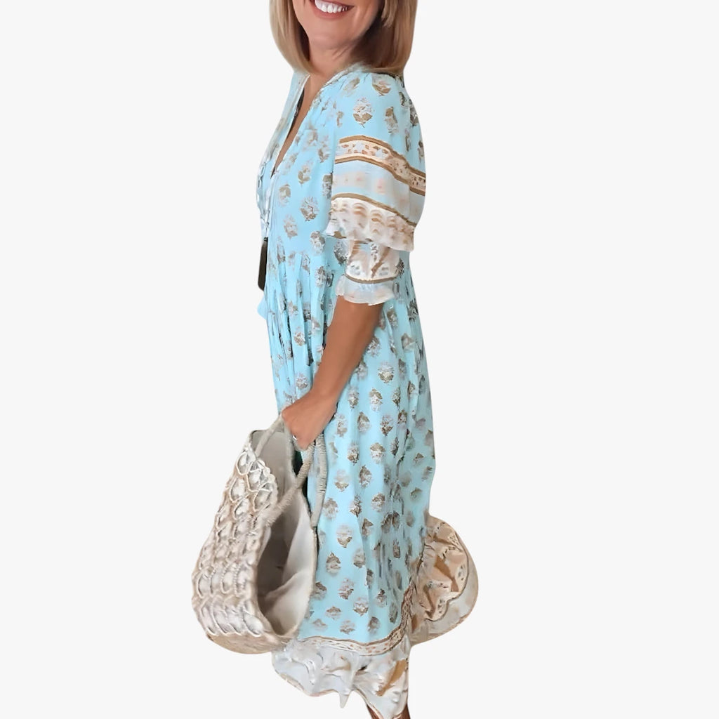 Dame Boho Midi Sommerkjole med V-udskæring