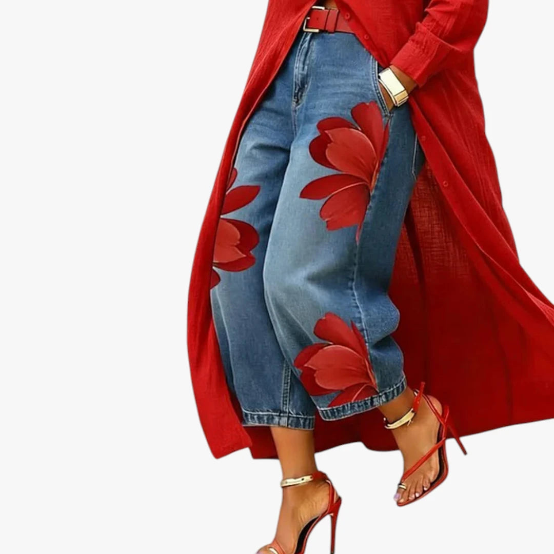 Dame Boho Maxi Skjortekjole med Blomstret Jeans
