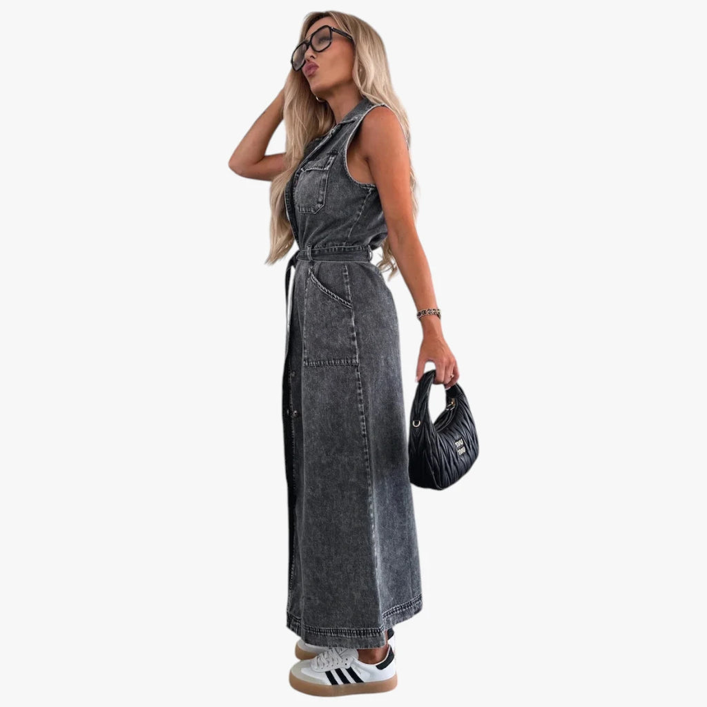 Dame Sommer Maxi Denimkjole med Knapper og Bindebånd