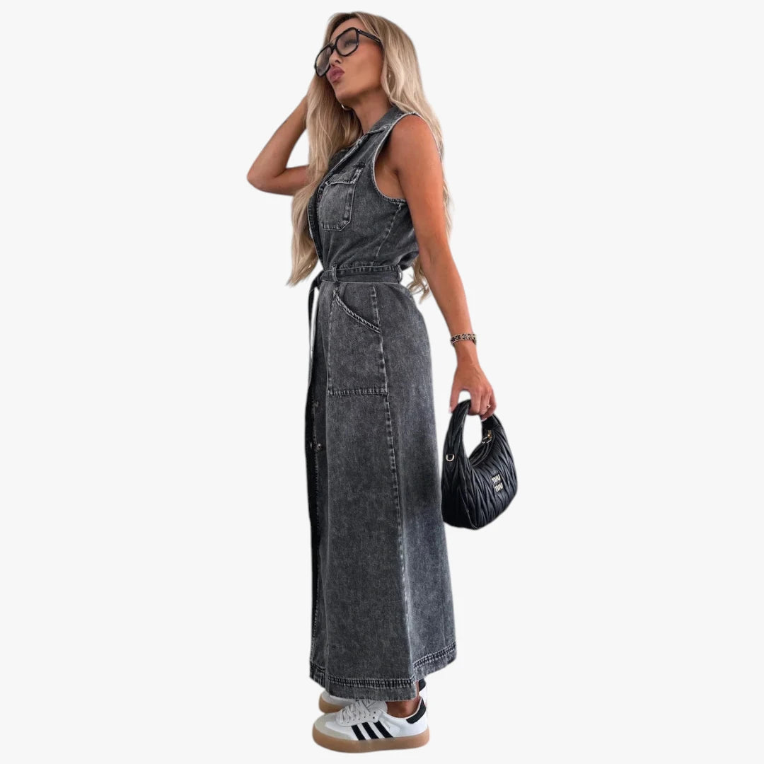 Dame Sommer Maxi Denimkjole med Knapper og Bindebånd