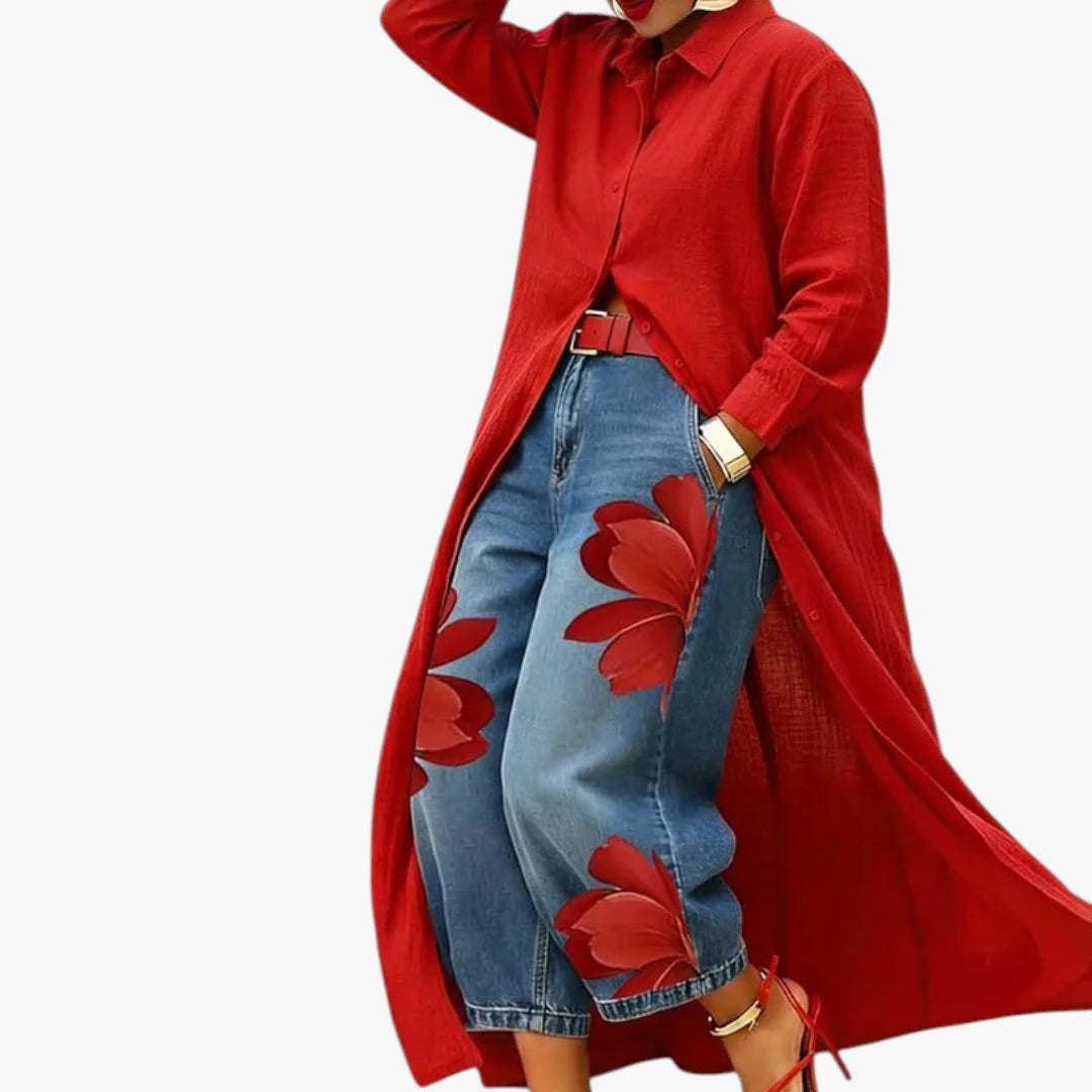 Dame Boho Maxi Skjortekjole med Blomstret Jeans