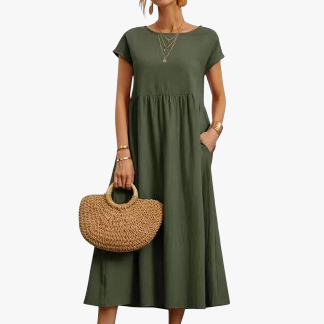 Dame Elegant Maxi Sommerkjole med Lommer og Rund Hals