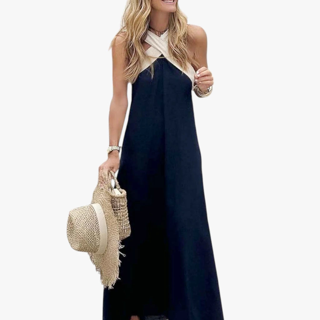 Dame Elegant Maxi Sommerkjole med Halterneck og Åben Ryg