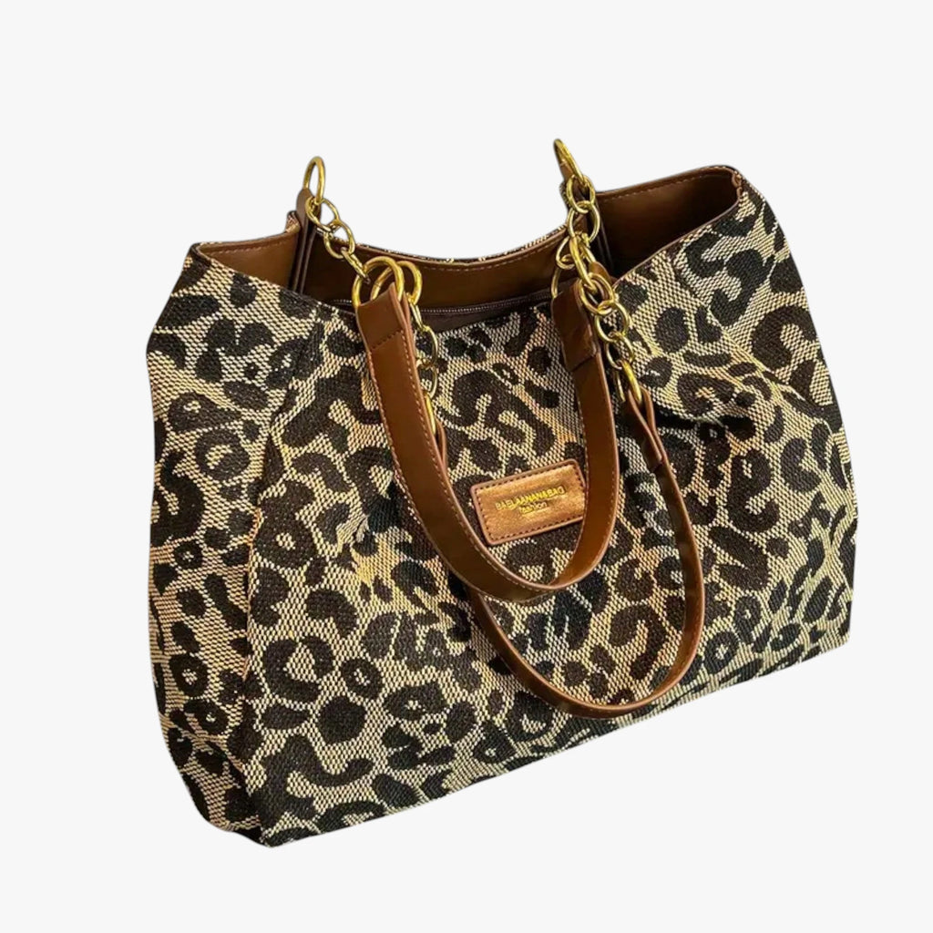 Dame Leopard Designer Shopper Taske med Skulderrem og Mange Rum