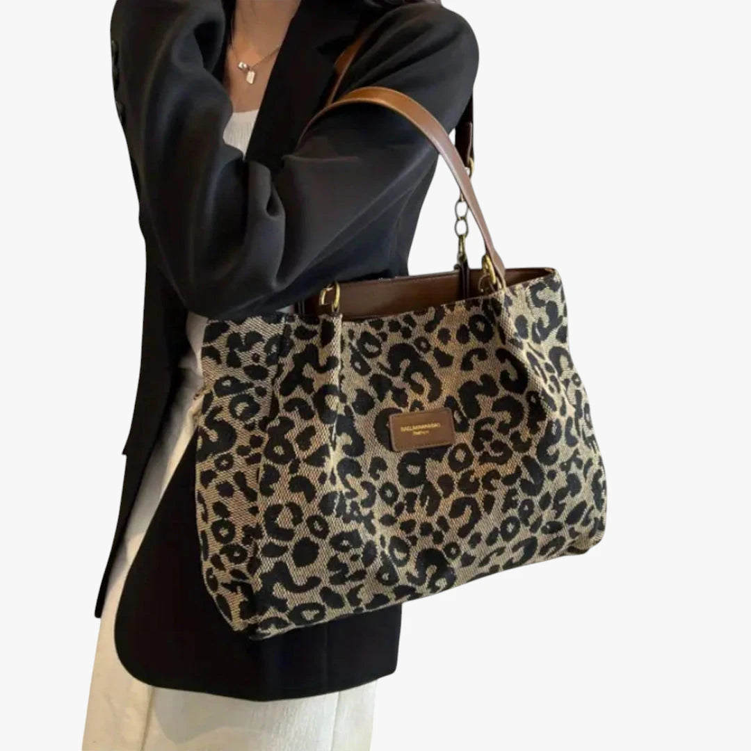 Dame Leopard Designer Shopper Taske med Skulderrem og Mange Rum