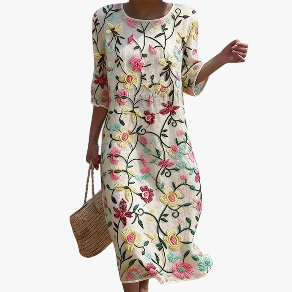 Dame Blomstret Midi Sommerkjole med Broderi og Rund Hals