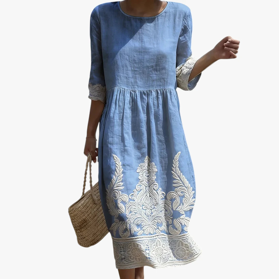 Dame Blomstret Midi Sommerkjole med Broderi og Rund Hals