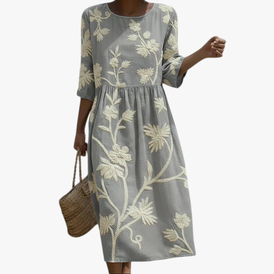 Dame Blomstret Midi Sommerkjole med Broderi og Rund Hals