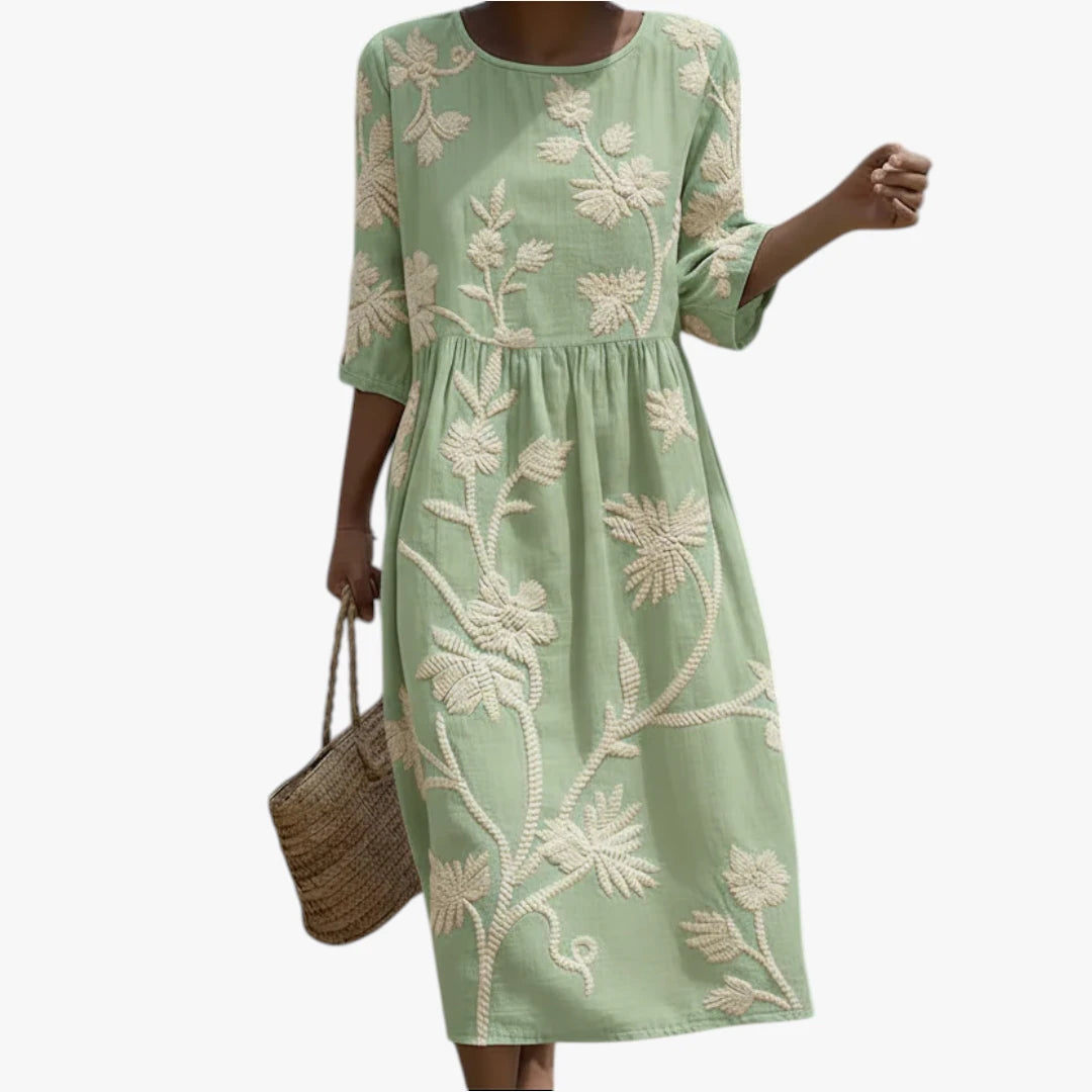 Dame Blomstret Midi Sommerkjole med Broderi og Rund Hals