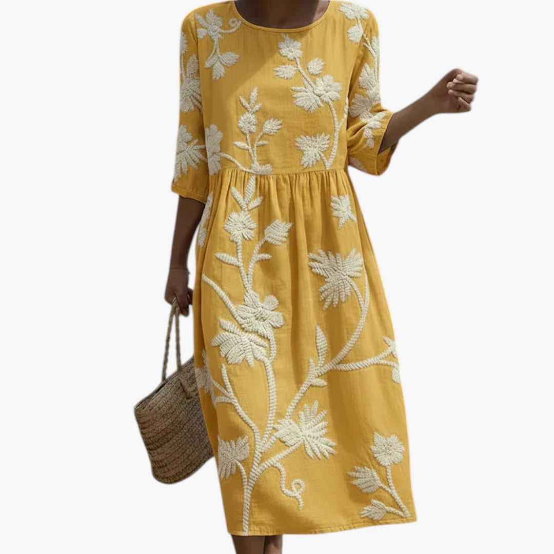 Dame Blomstret Midi Sommerkjole med Broderi og Rund Hals