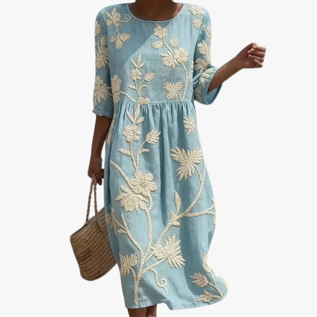 Dame Blomstret Midi Sommerkjole med Broderi og Rund Hals