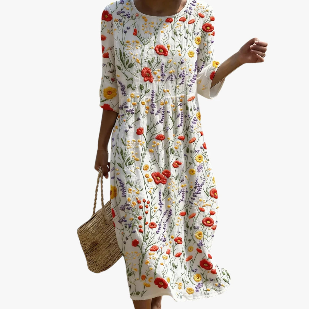 Dame Blomstret Midi Sommerkjole med Broderi og Rund Hals