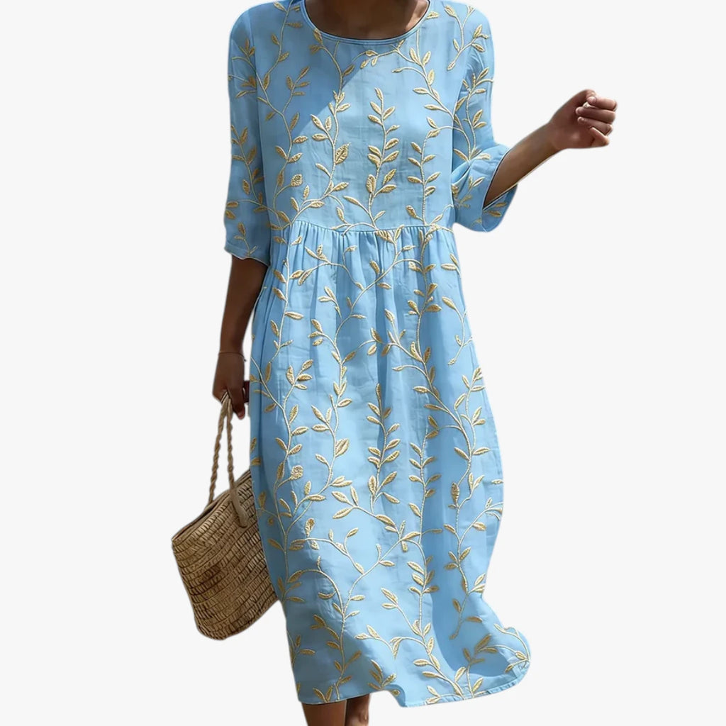 Dame Blomstret Midi Sommerkjole med Broderi og Rund Hals