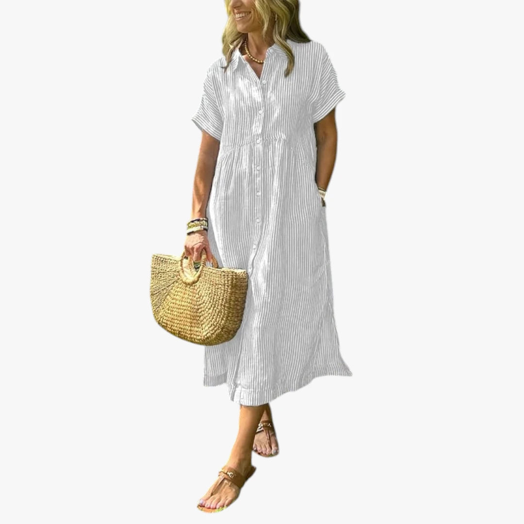 Dame Stribet Midi Sommerkjole med Knapper