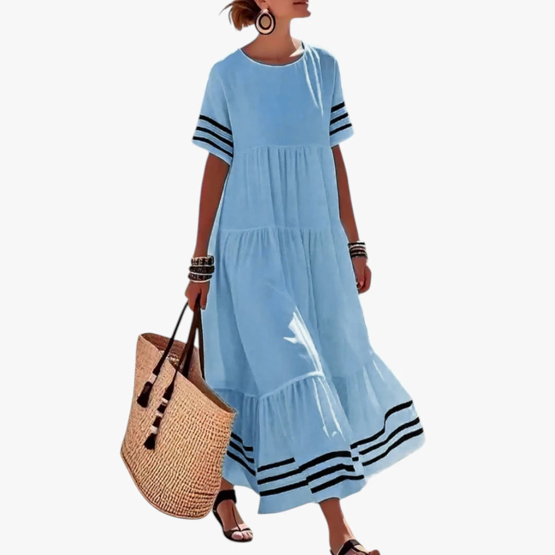 Dame Sommer Maxi Strandkjole med Striber og Korte Ærmer