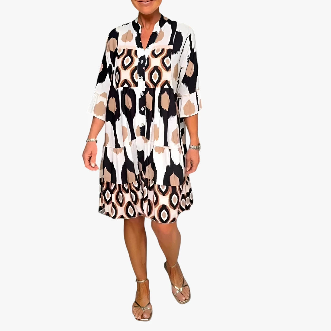 Dame Boho Midi Sommerkjole med Knapper og Flæser