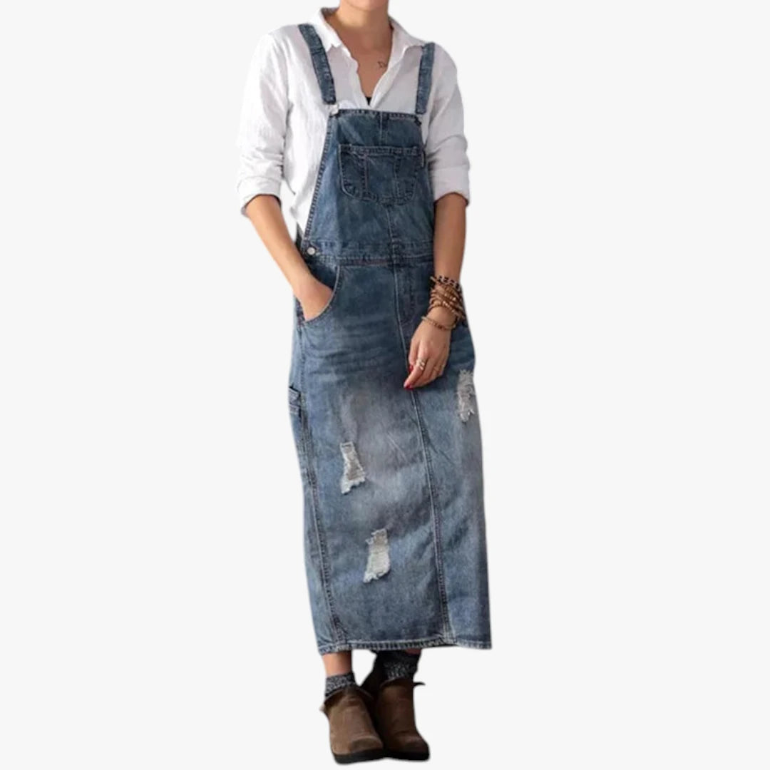 Dame Maxi Denimkjole med Åben Ryg og Lommer