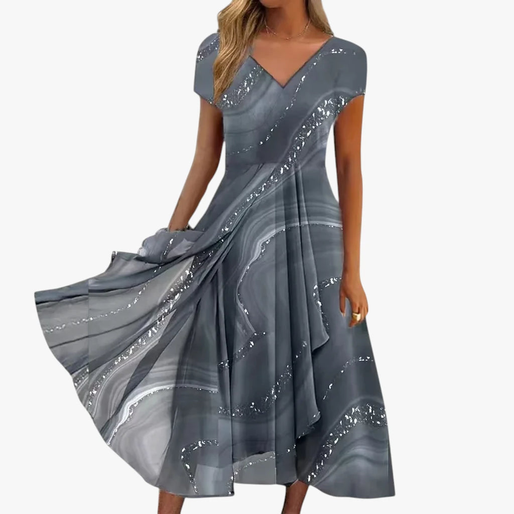 Dame Elegant Midi Sommerkjole med V-udskæring og Mønster