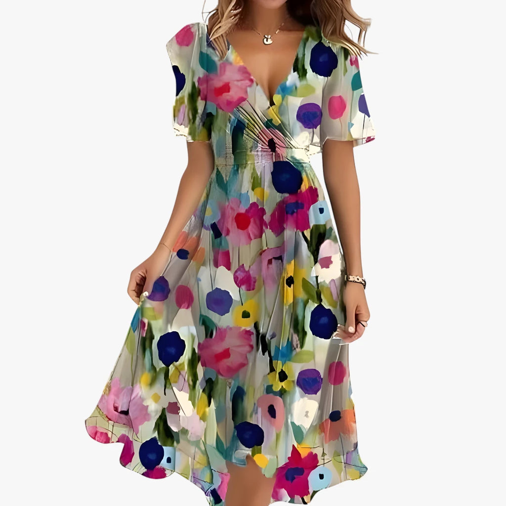 Dame Boho Midi Sommerkjole med Rund Hals og Mønster