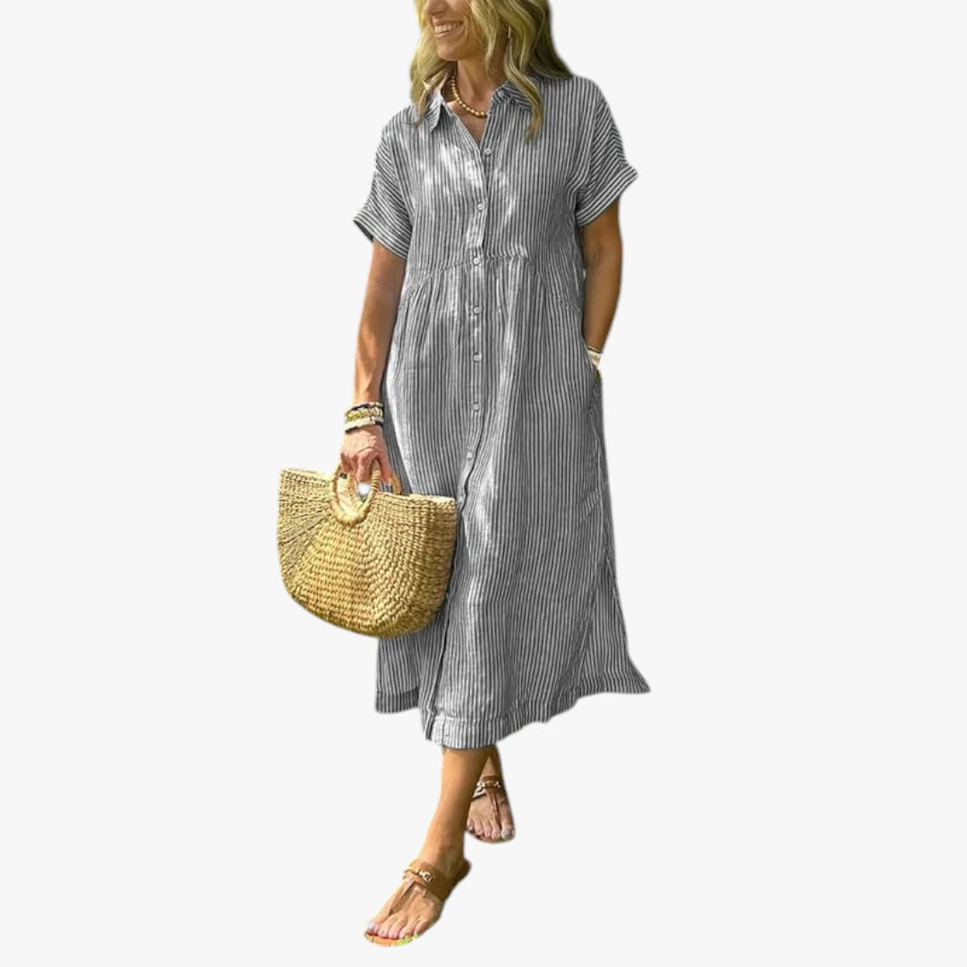 Dame Stribet Midi Sommerkjole med Knapper