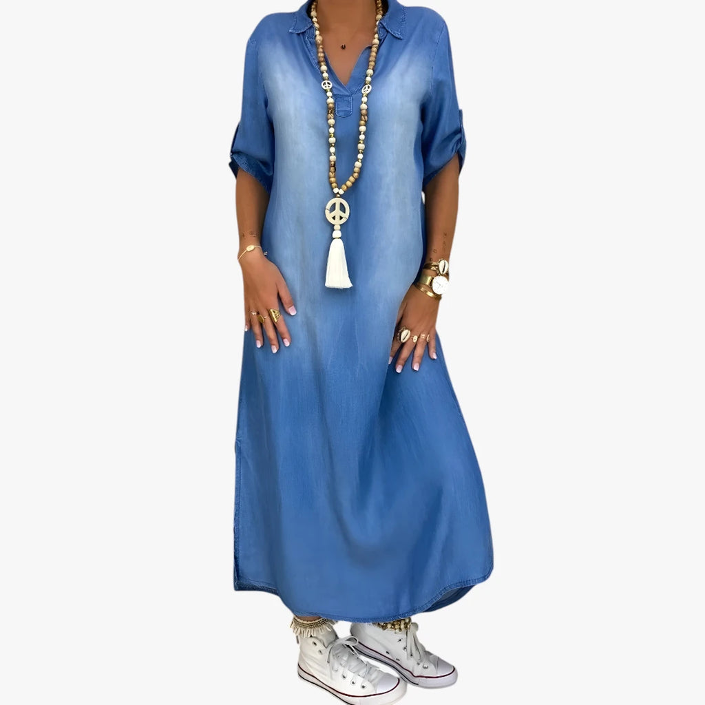 Dame Sommer Maxi Denimkjole med Knapper