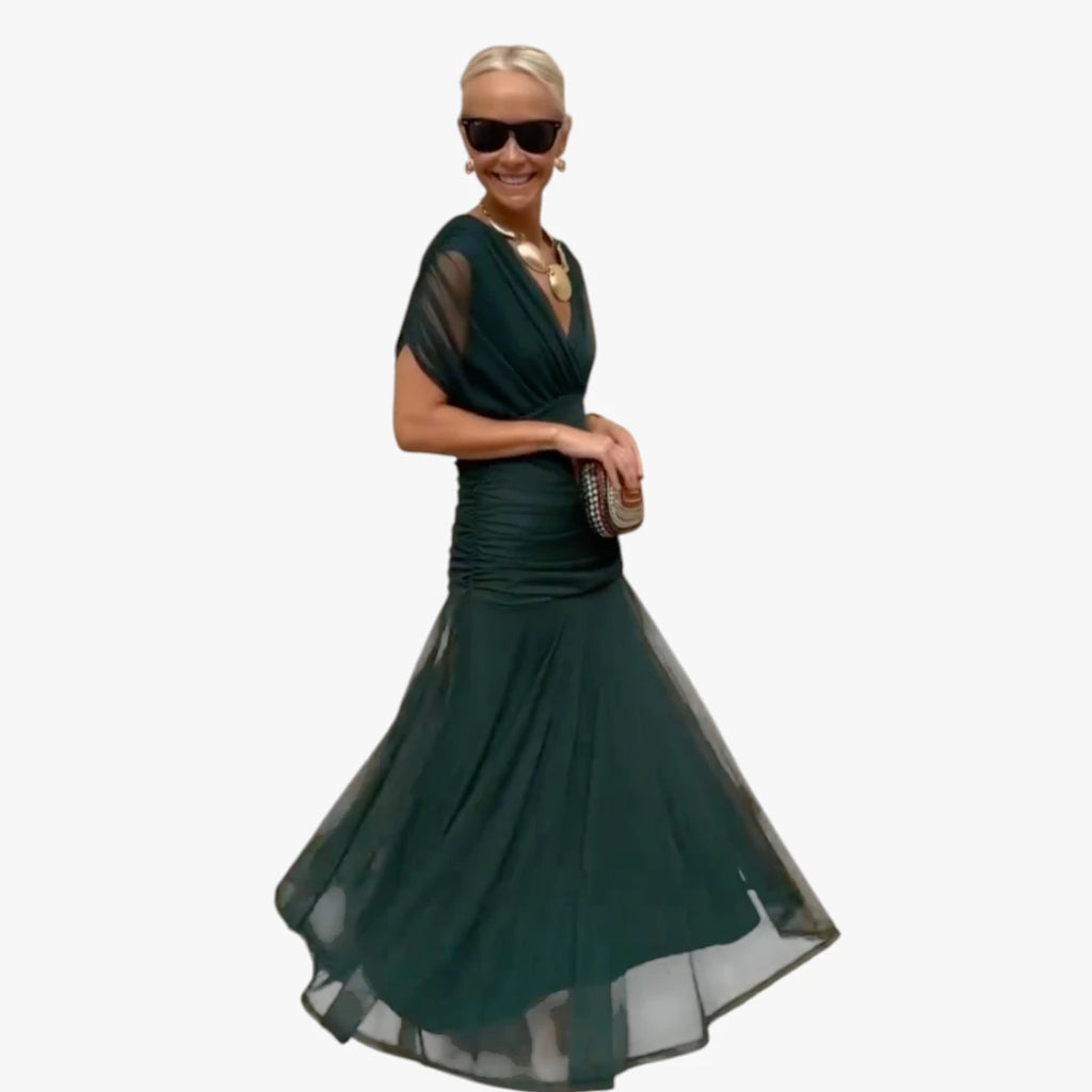 Dame Elegant Maxi Selskabskjole med Mesh og V-udskæring