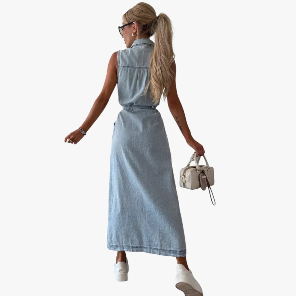 Dame Sommer Maxi Denimkjole med Knapper og Bindebånd