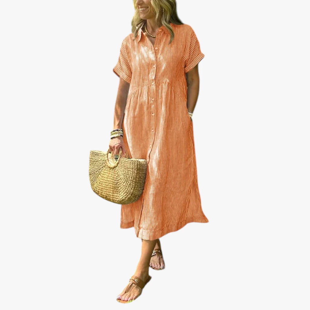 Dame Stribet Midi Sommerkjole med Knapper