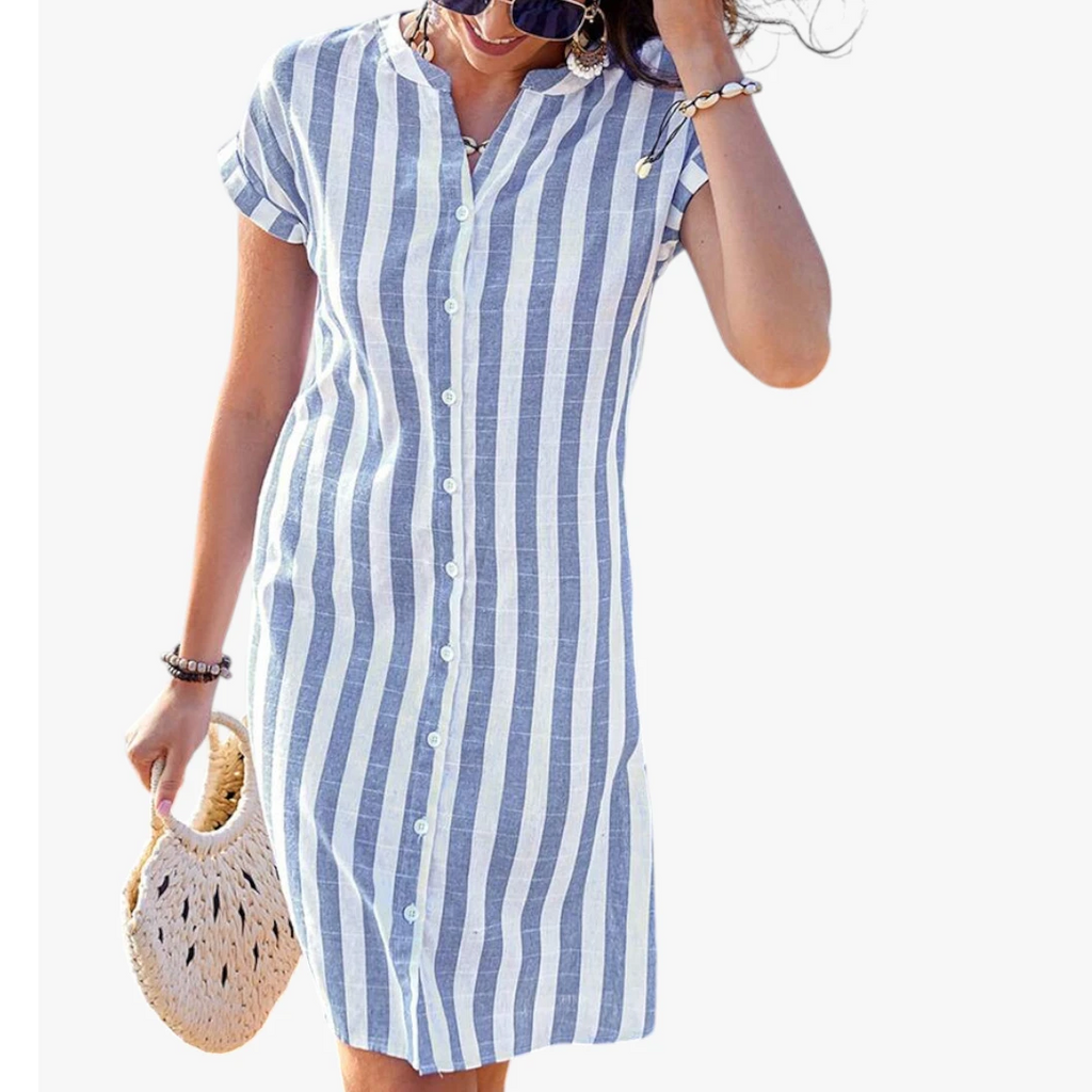 Dame Stribet Mini Sommerkjole med Knapper