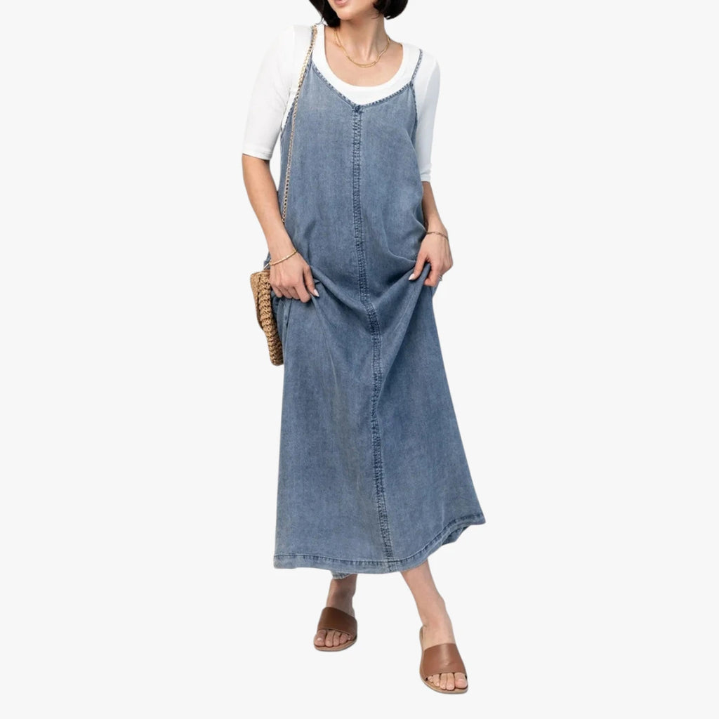 Dame Elegant Maxi Denimkjole med Strop og V-udskæring
