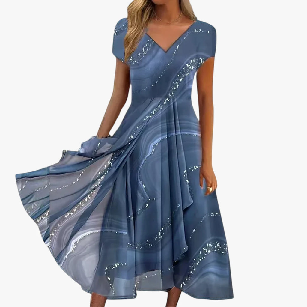 Dame Elegant Midi Sommerkjole med V-udskæring og Mønster
