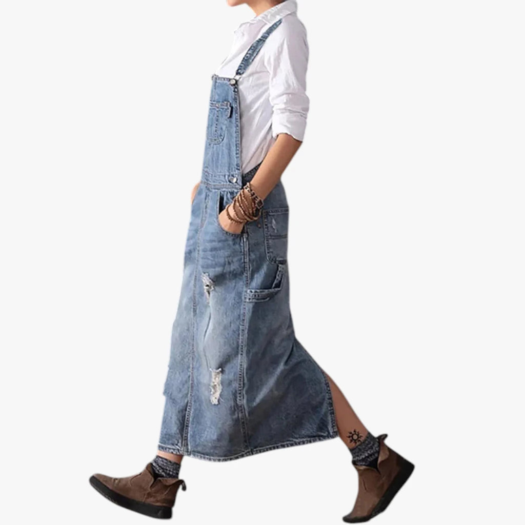 Dame Maxi Denimkjole med Åben Ryg og Lommer
