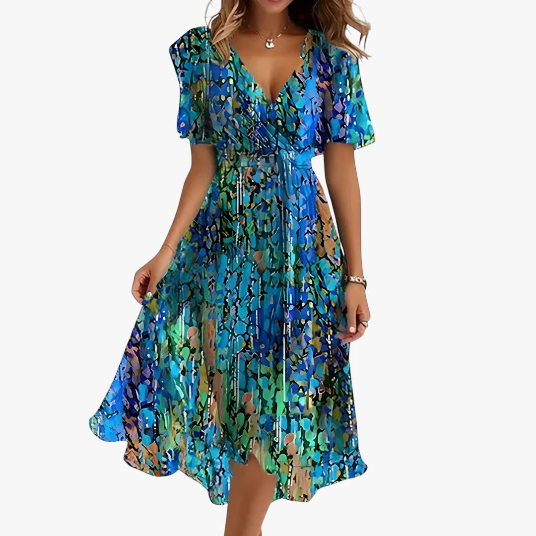 Dame Boho Midi Sommerkjole med Rund Hals og Mønster