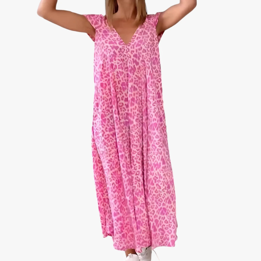 Dame Leopard Maxi Sommerkjole med V-hals