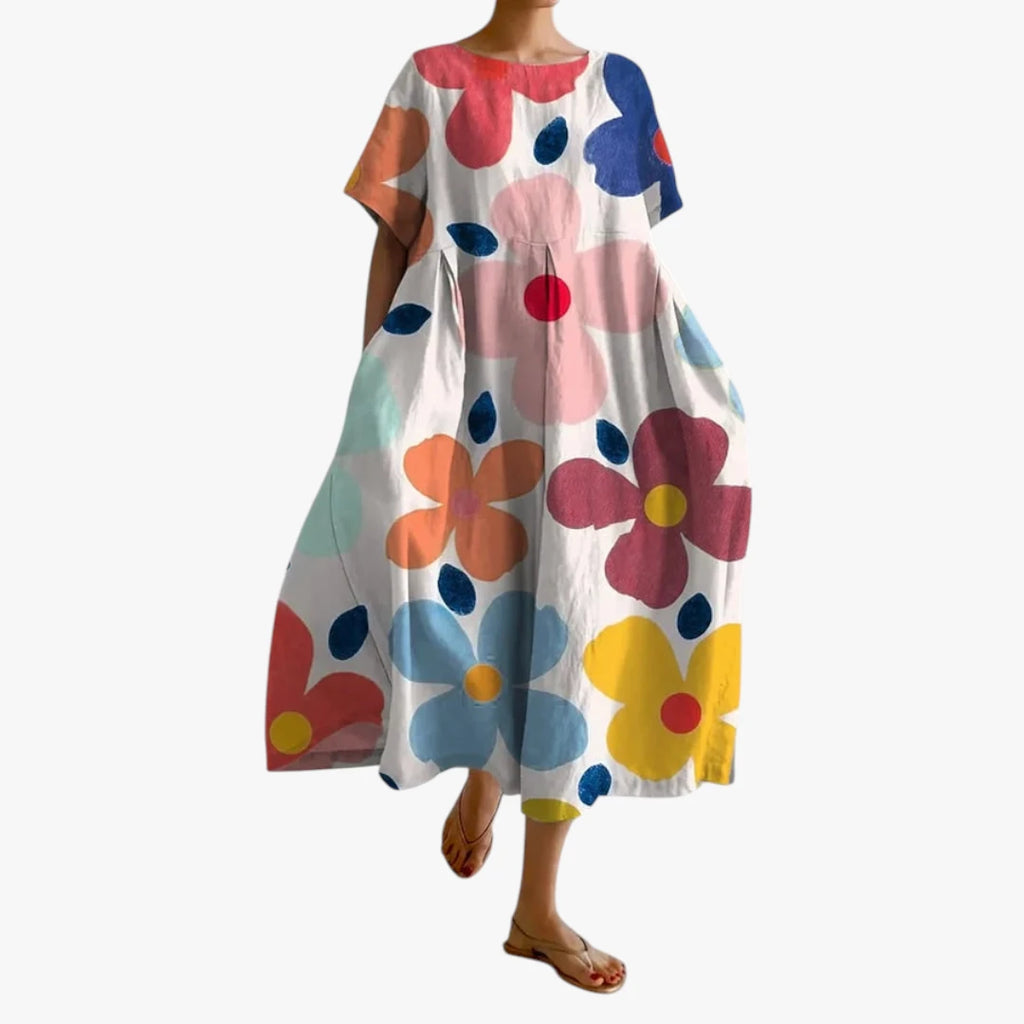 Dame Blomstret Midi Sommerkjole med Oversize Pasform og Rund Hals