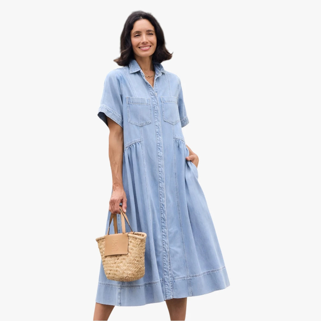 Dame Sommer Midi Denimkjole med Skjortekrave og Knapper
