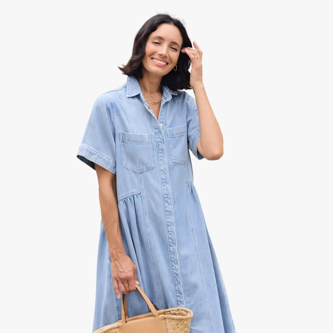 Dame Sommer Midi Denimkjole med Skjortekrave og Knapper