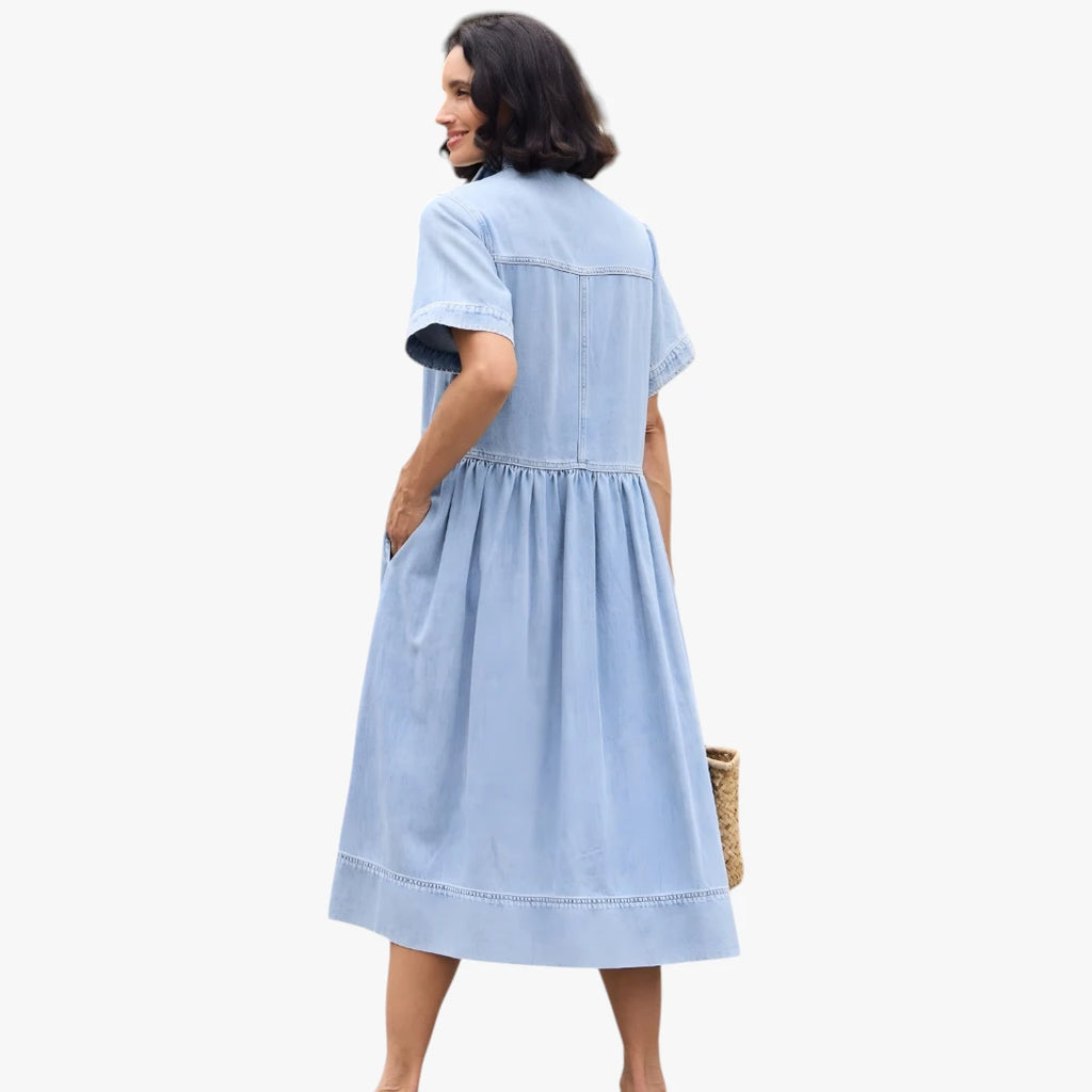 Dame Sommer Midi Denimkjole med Skjortekrave og Knapper