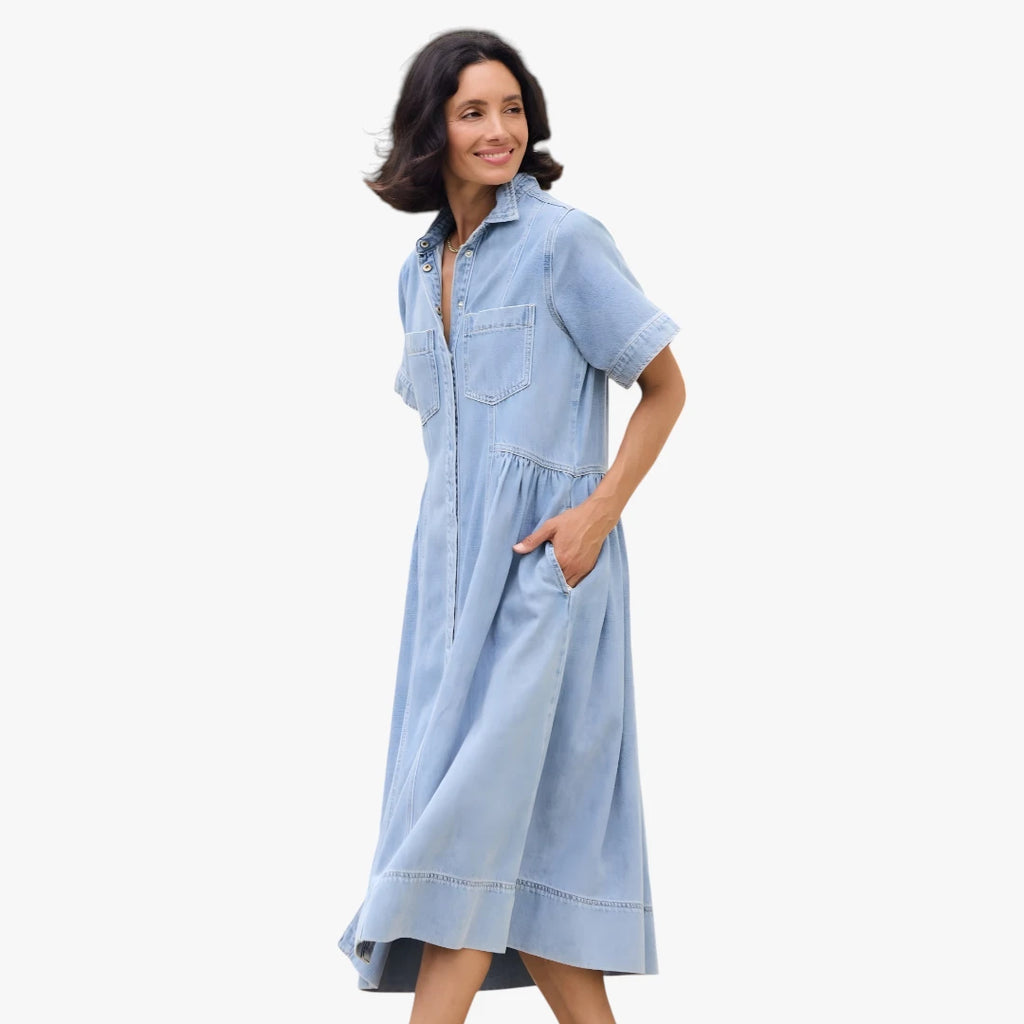 Dame Sommer Midi Denimkjole med Skjortekrave og Knapper