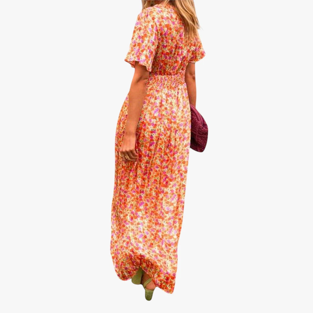 Dame Blomstret Maxi Sommerkjole med Smock og V-udskæring