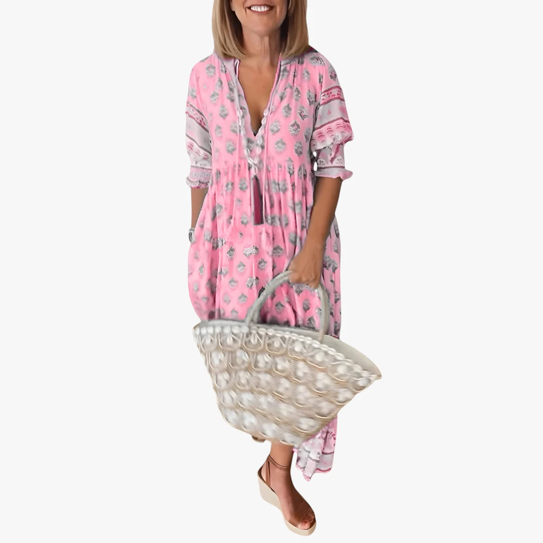 Dame Boho Midi Sommerkjole med V-udskæring