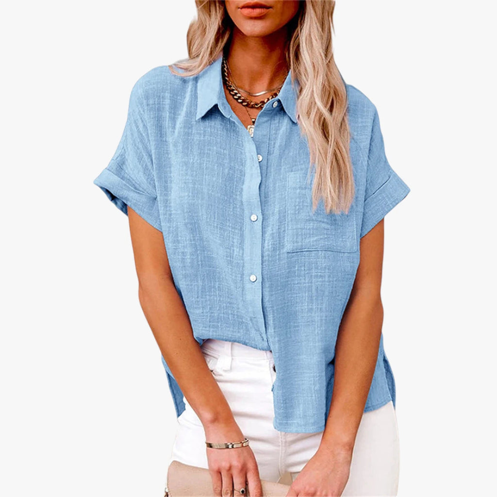 Dame Oversize Skjortebluse med Kortærmet og Knapper