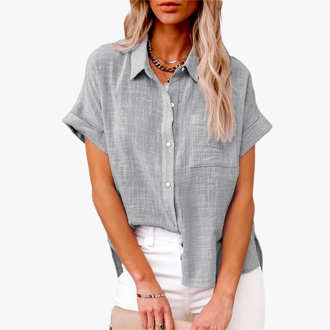 Dame Oversize Skjortebluse med Kortærmet og Knapper