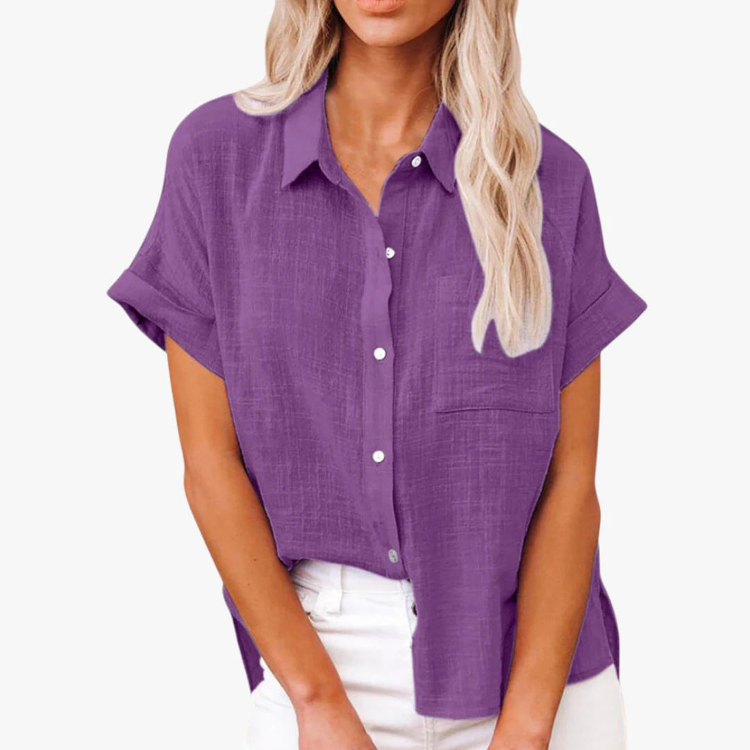 Dame Oversize Skjortebluse med Kortærmet og Knapper