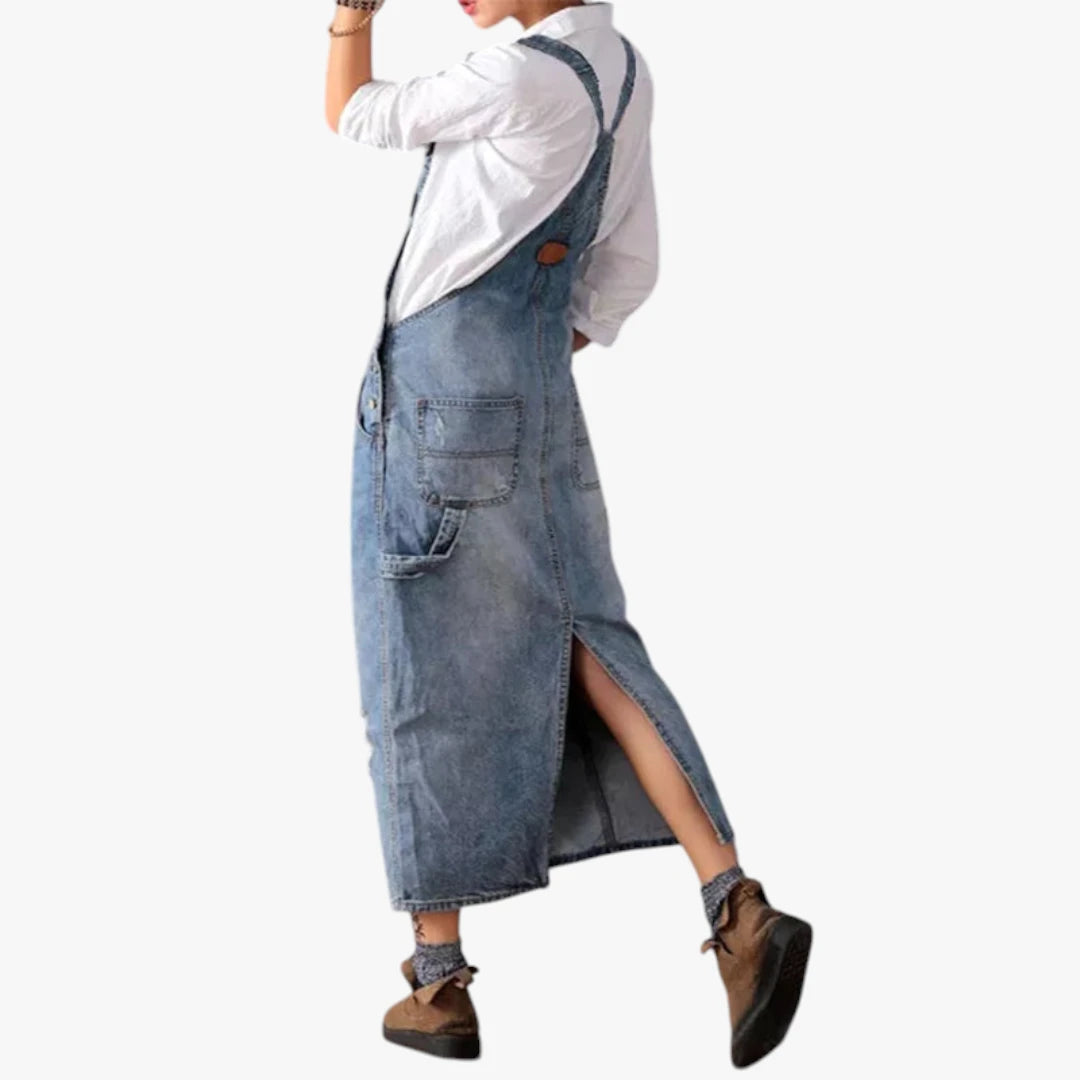 Dame Maxi Denimkjole med Åben Ryg og Lommer