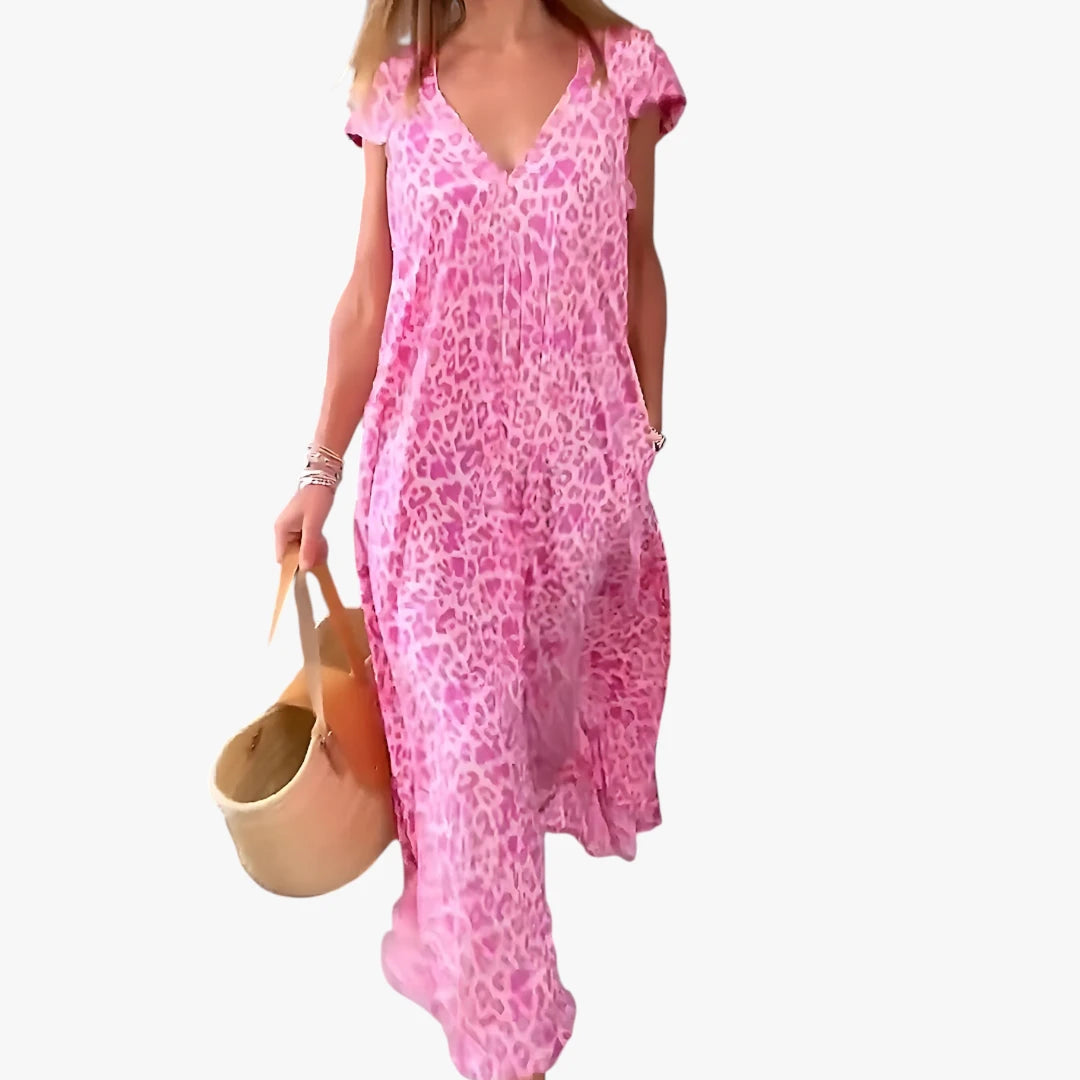 Dame Leopard Maxi Sommerkjole med V-hals