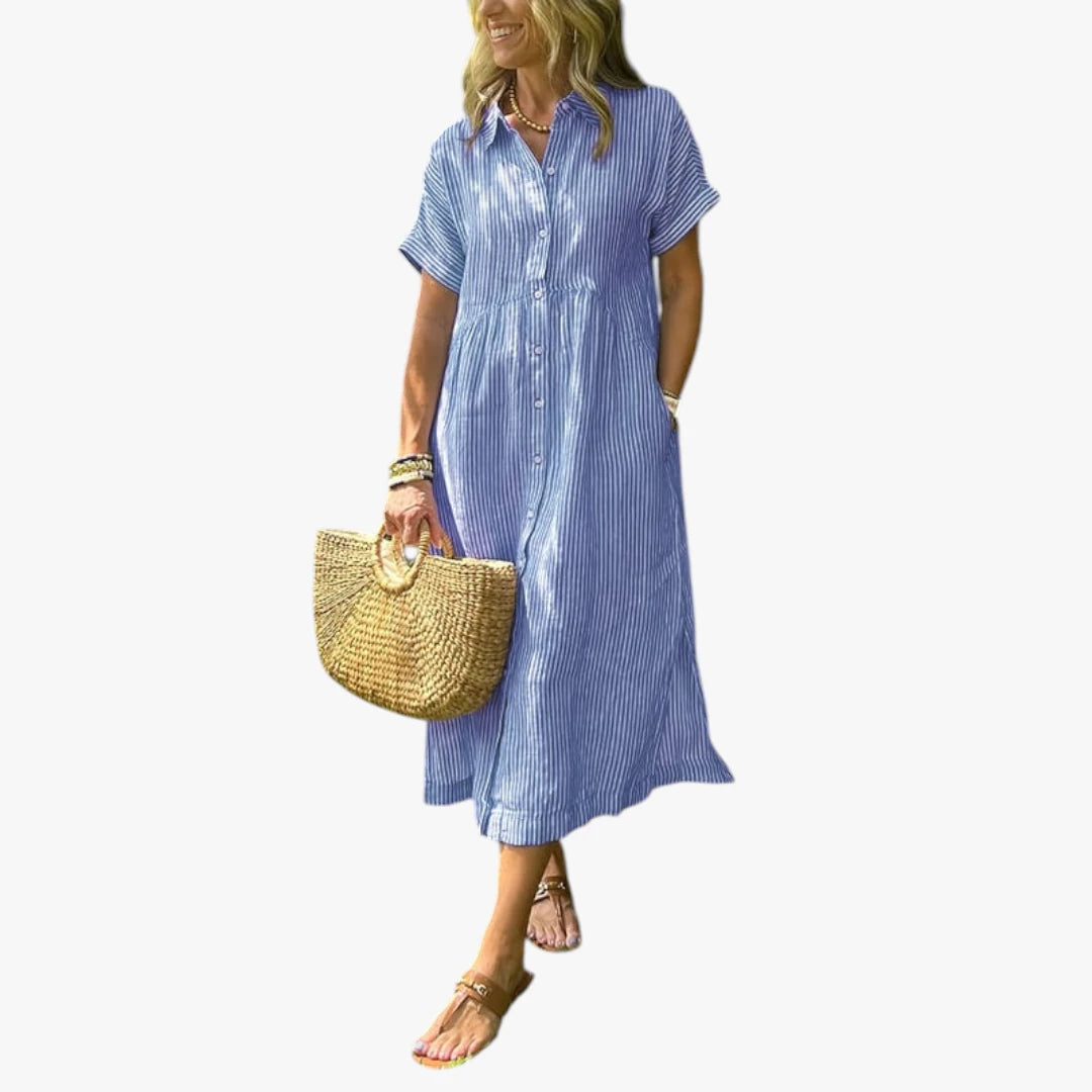 Dame Stribet Midi Sommerkjole med Knapper